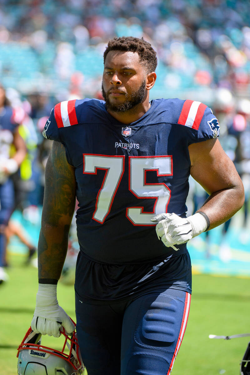 New England Patriots offensive lineman Justin Herron (75) walks back to the locker room at the ...