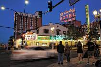 Traffic passes by the El Cortez on Fremont Street in downtown Las Vegas on Thursday, Nov. 4, 20 ...