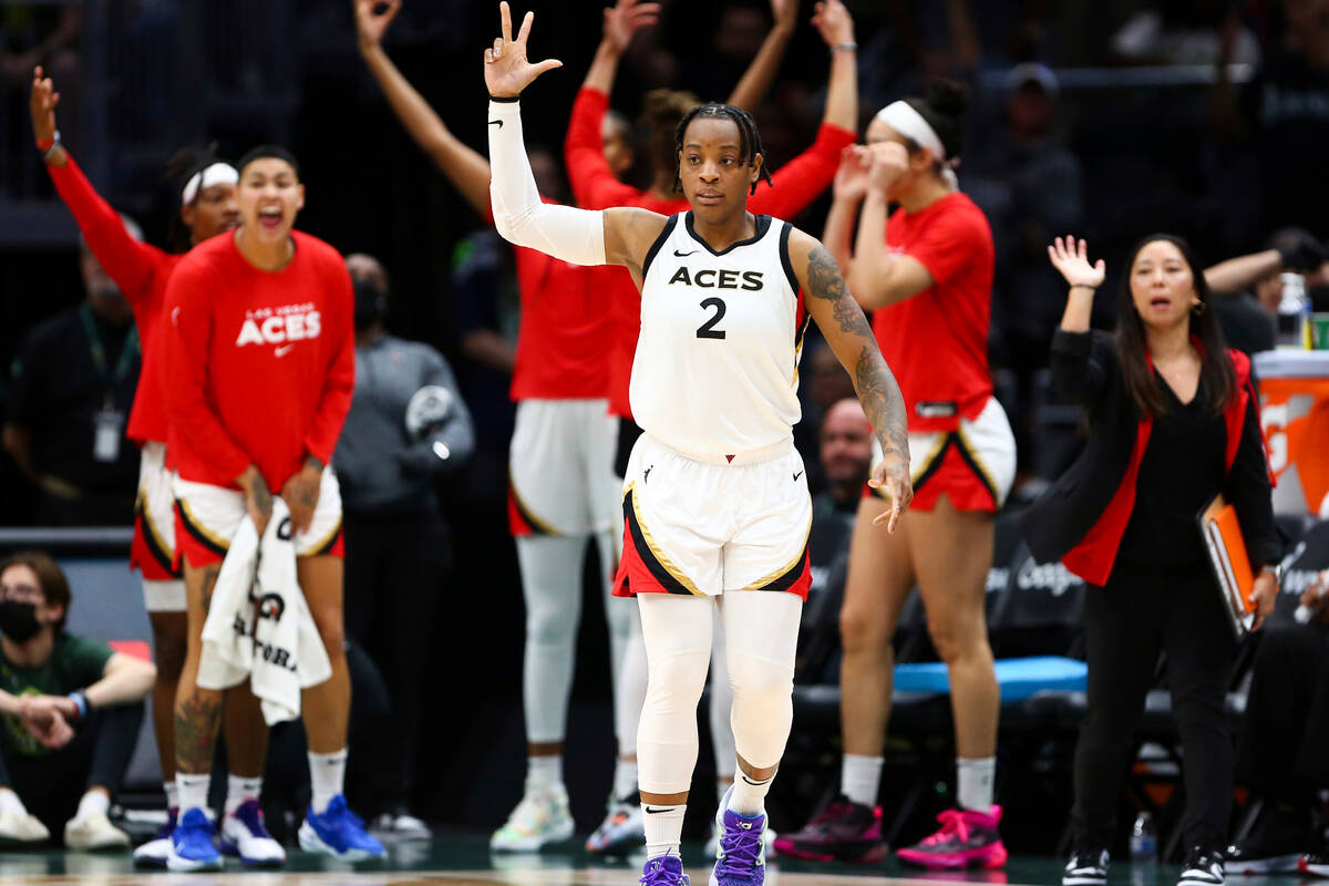 Las Vegas Aces guard Riquna Williams (2) reacts during overtime against the Seattle Storm in Ga ...