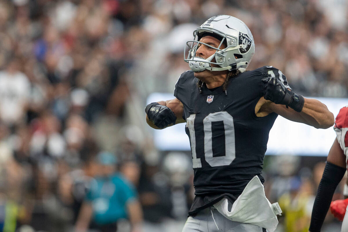 Raiders wide receiver Mack Hollins (10) celebrates a big catch during the first half of an NFL ...