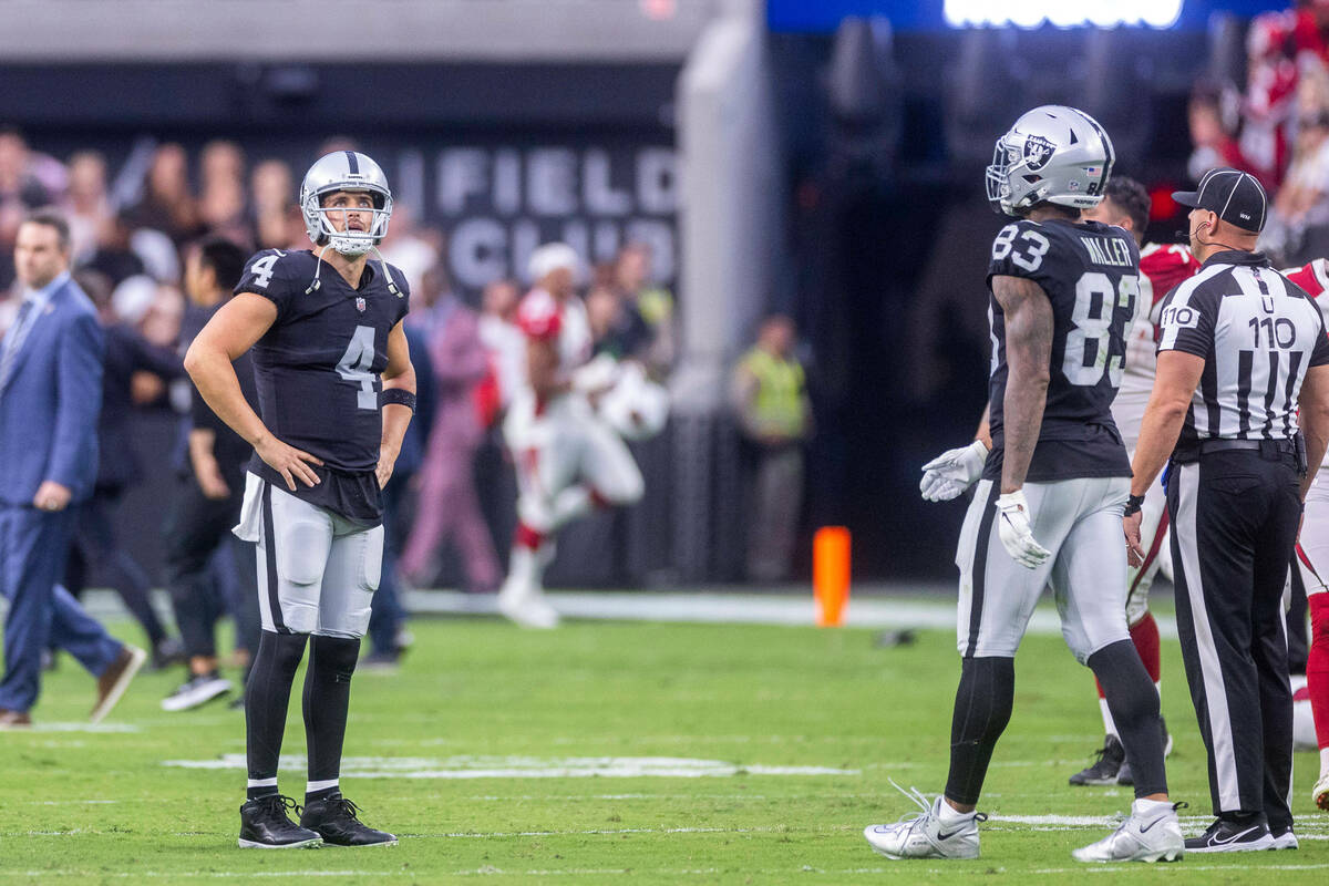 Raiders quarterback Derek Carr (4) stands amazed after losing to the Arizona Cardinals in overt ...