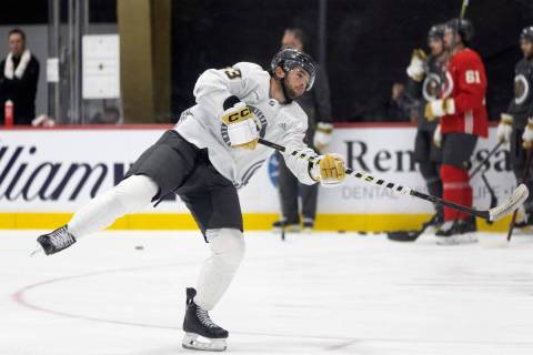 Golden Knights forward Paul Cotter (43) shoots the puck during training camp at City National A ...