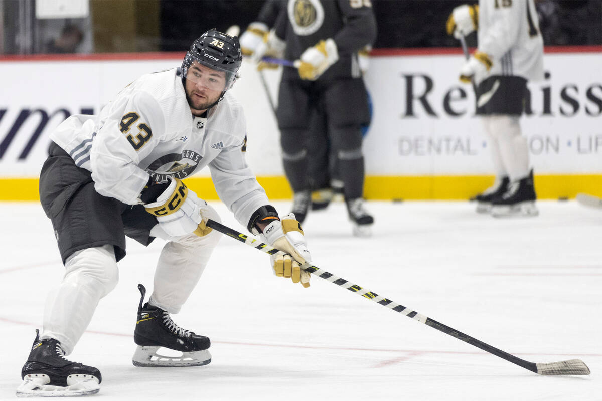 Golden Knights forward Paul Cotter (43) anticipates the puck during training camp at City Natio ...