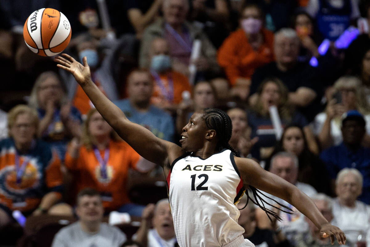 Las Vegas Aces guard Chelsea Gray (12) jumps to shoot during the first half in Game 4 of a WNBA ...