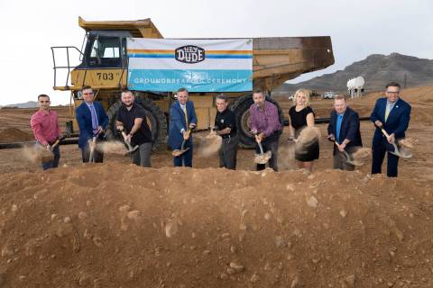 Dignitaries participate during a groundbreaking ceremony for a Hey Dude distribution center at ...