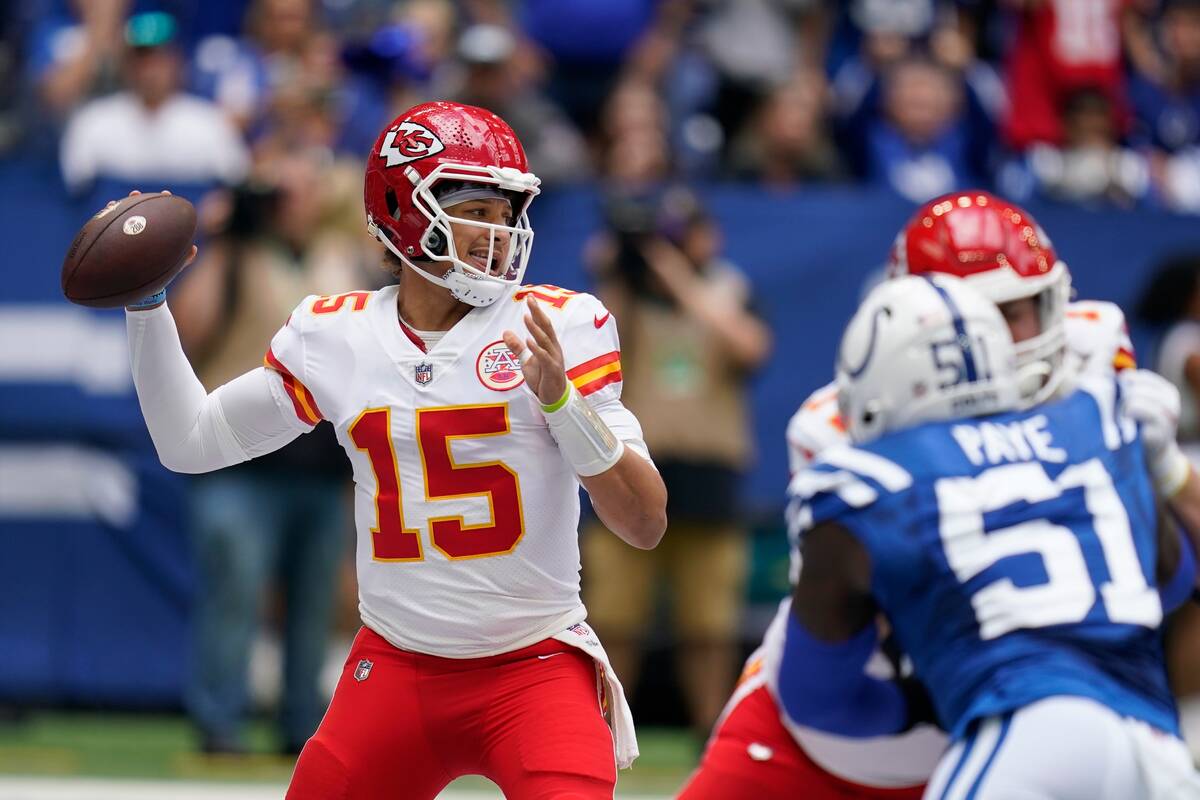 Kansas City Chiefs quarterback Patrick Mahomes (15) throws during the first half of an NFL foot ...