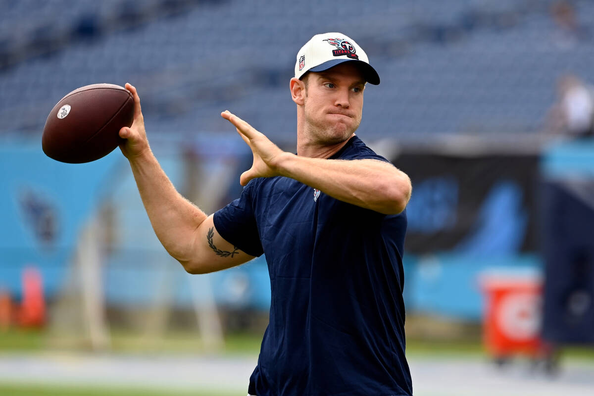Tennessee Titans quarterback Ryan Tannehill (17) warms up before an NFL football game against t ...