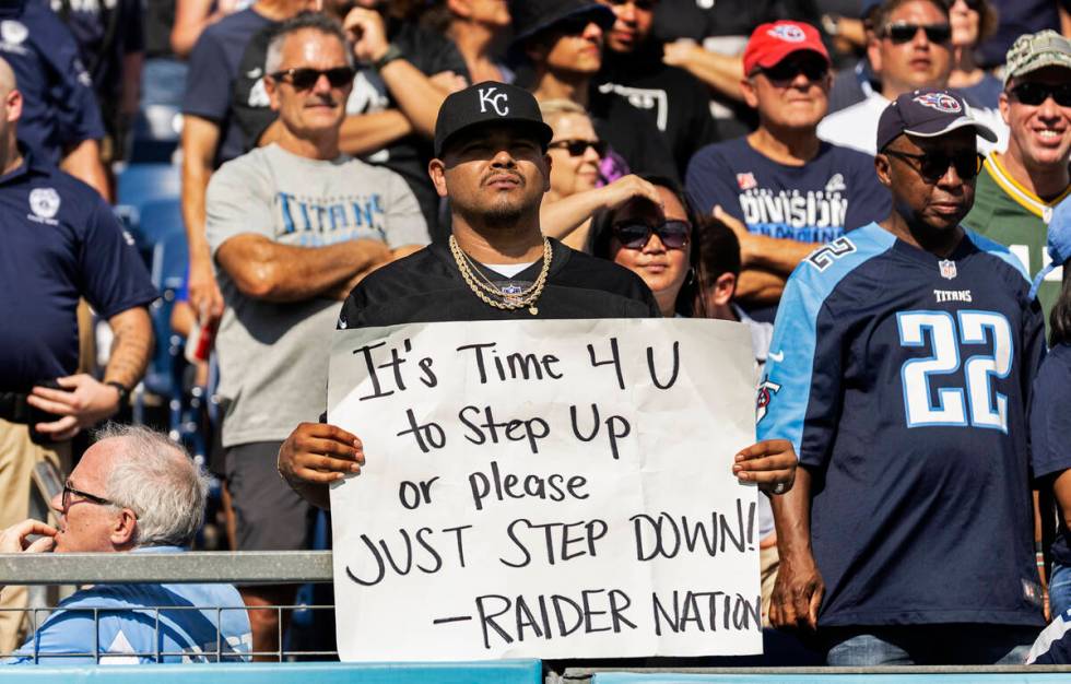 Raiders fans during an NFL football game against the Tennessee Titans on Sunday, Sept. 25, 2022 ...