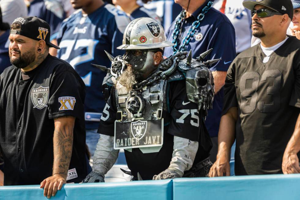 Raider Javi, middle, during an NFL football game against the Tennessee Titans on Sunday, Sept. ...
