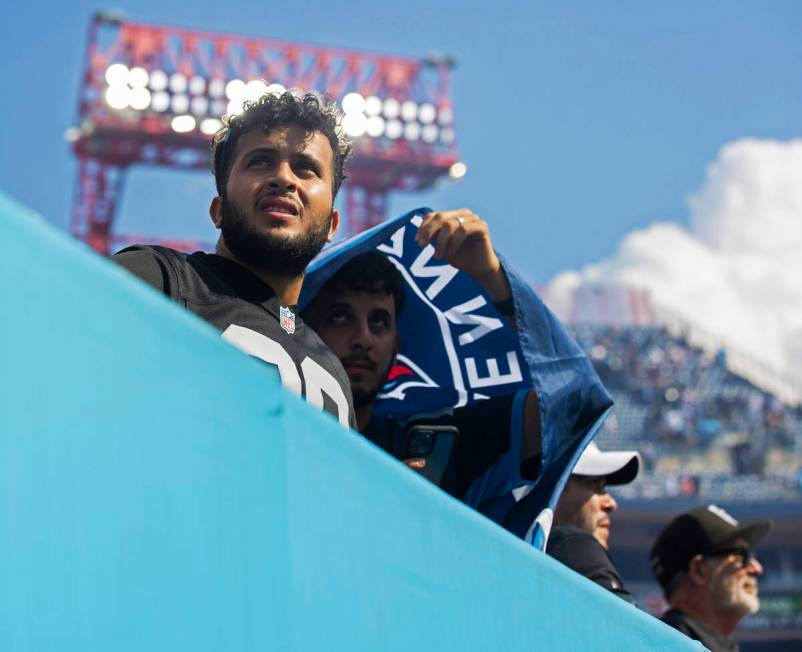 Dejected Raiders fans during an NFL football game against the Tennessee Titans on Sunday, Sept. ...