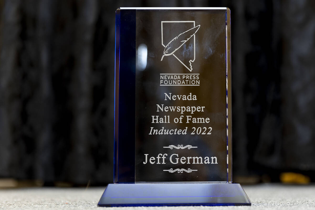 Jeff German's Nevada Newspaper Hall of Fame plaque is seen during a Nevada Press Association ne ...