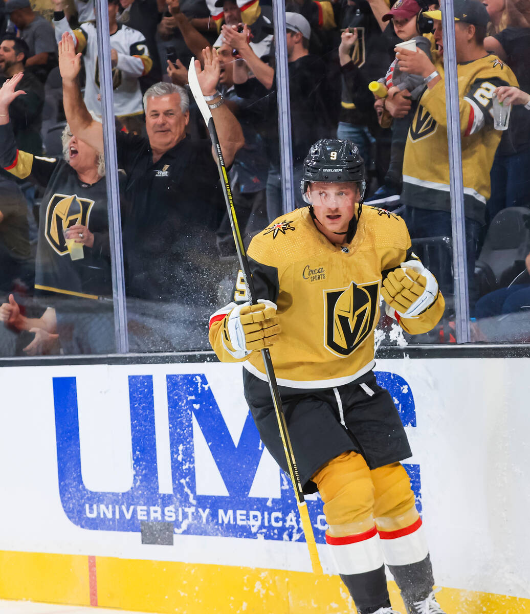 Golden Knights center Jack Eichel (9) reacts after scoring against the Los Angeles Kings during ...