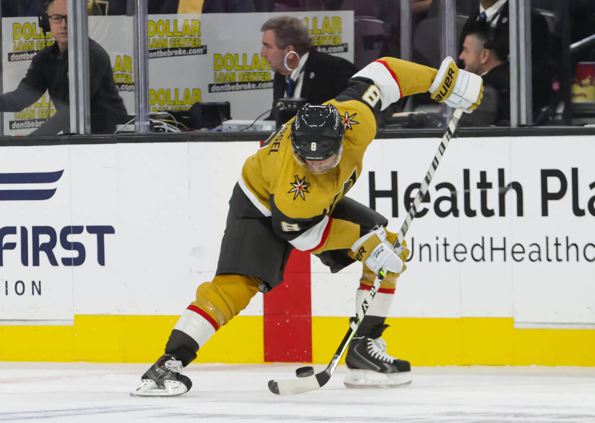 Golden Knights forward Phil Kessel (8) moves the puck during the first period of a preseason NH ...