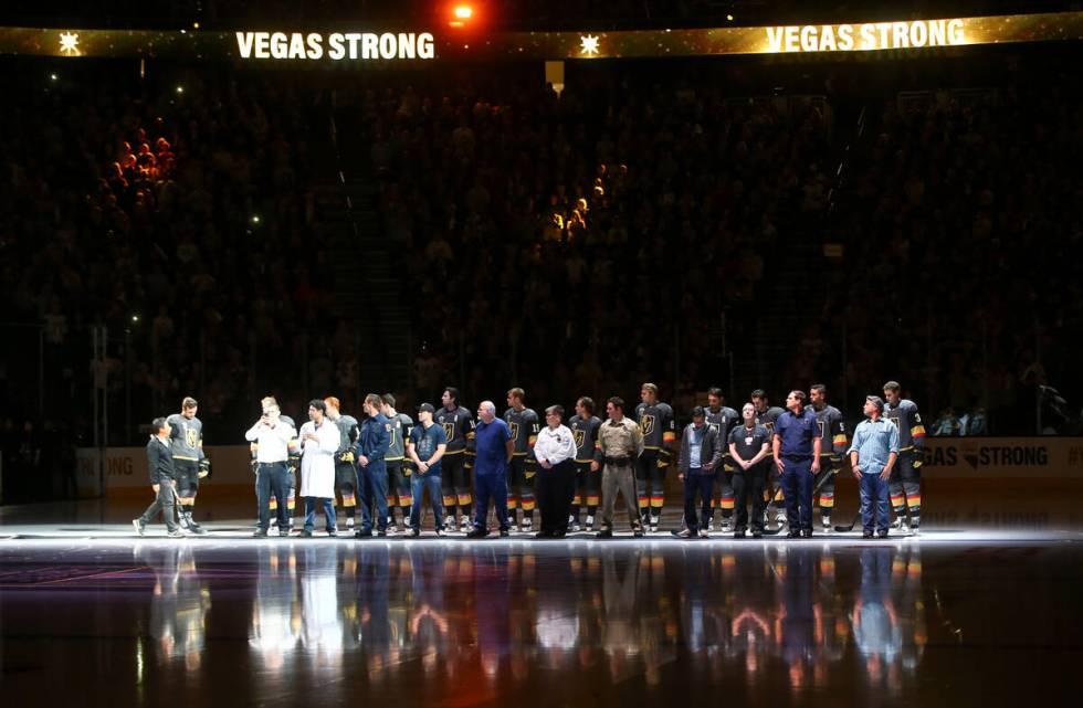 Members of the Vegas Golden Knights are introduced with first responders before playing the Ari ...