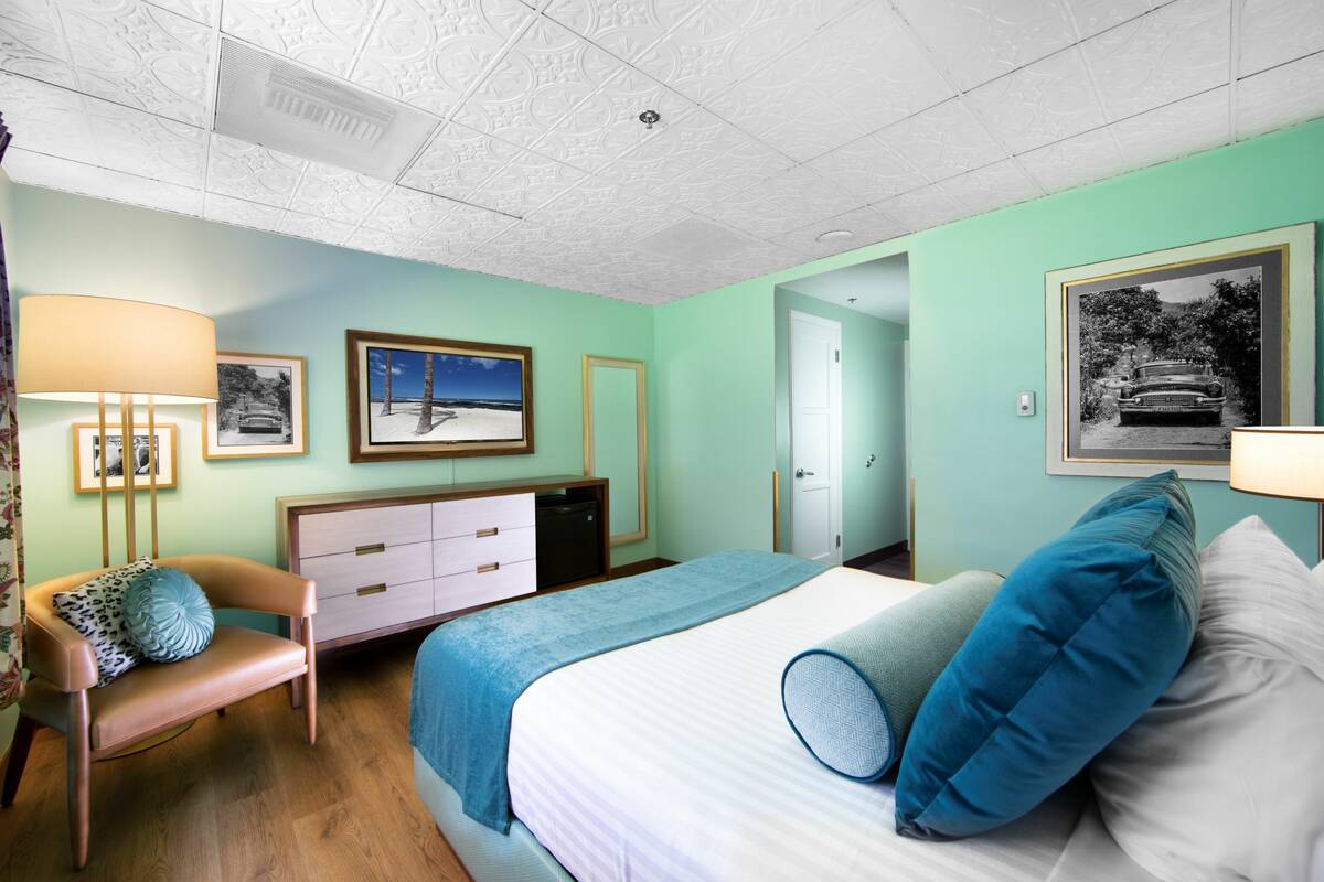 A remodeled room in the Original 47 at El Cortez Hotel & Casino. The original hotel rooms above ...