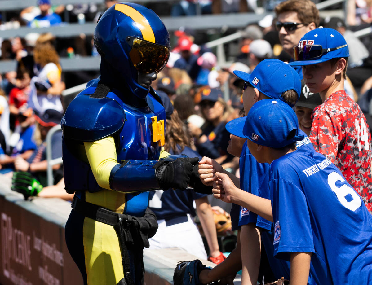 The Aviator greets fans during Las Vegas’ game against the El Paso Chihuahuas on Sunday, ...