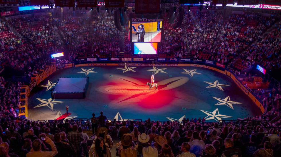 Drake Milligan sings the National Anthem at the start of the opening night of the 2021 Wrangler ...