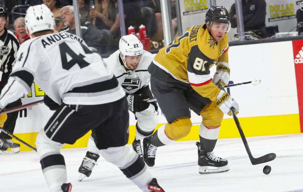 Golden Knights center Jonathan Marchessault (81) skates with the puck during the first period o ...