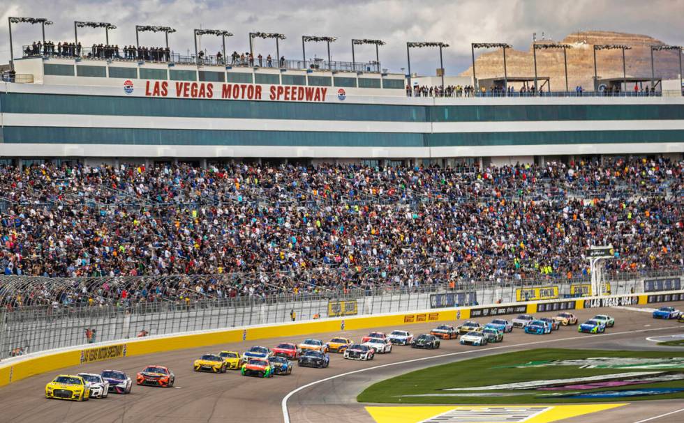 Drivers compete in the Pennzoil 400 NASCAR Cup Series race on Sunday, March 6, 2022, at Las Veg ...