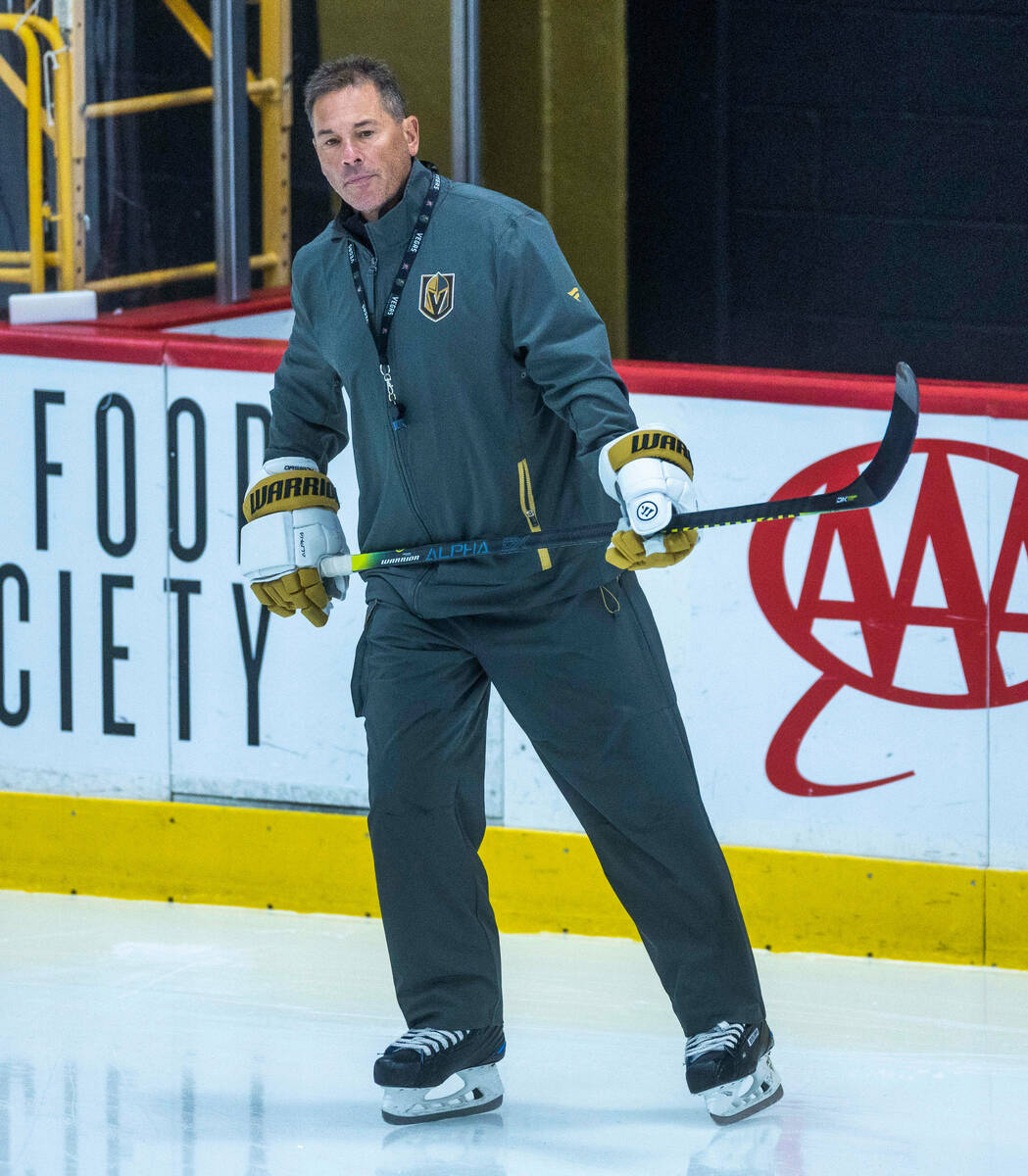 Golden Knights Head Coach Bruce Cassidy skates on the ice during practice at City National Aren ...
