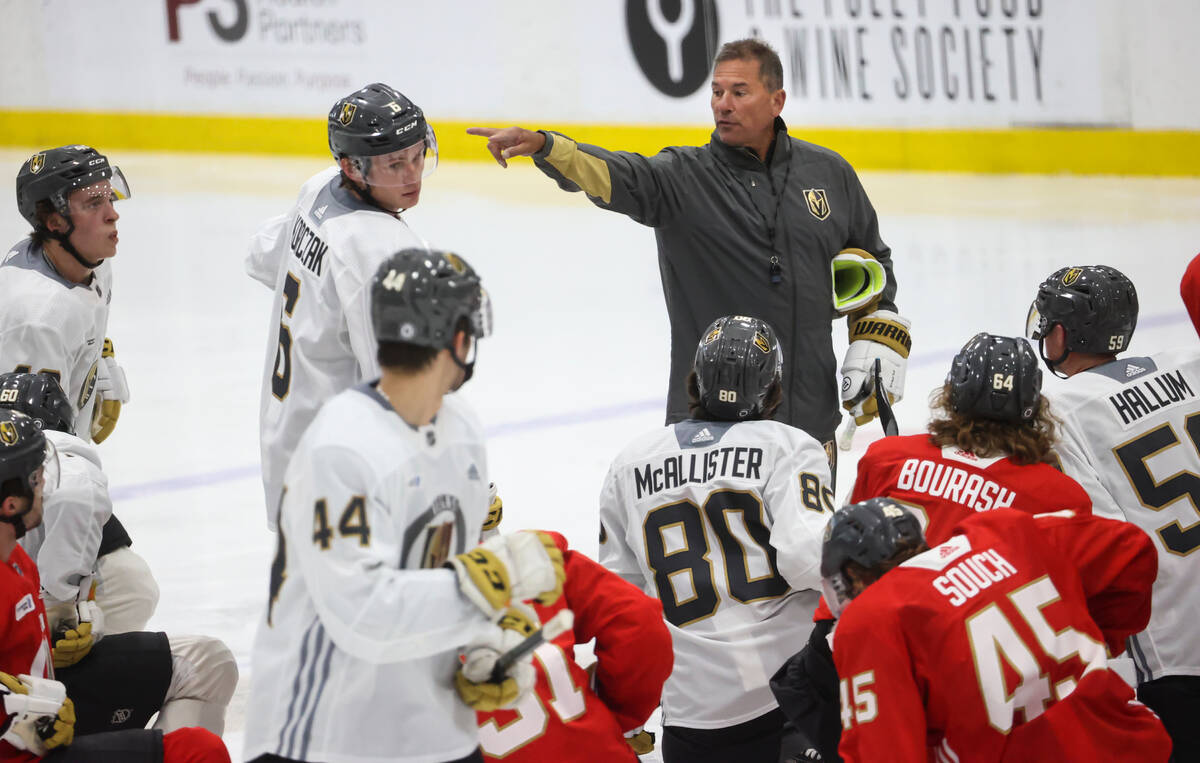 Golden Knights head coach Bruce Cassidy speaks to players during development camp at City Natio ...