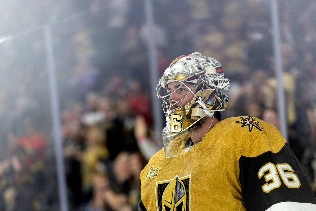 Golden Knights goaltender Logan Thompson (36) skates around the net during the second period of ...