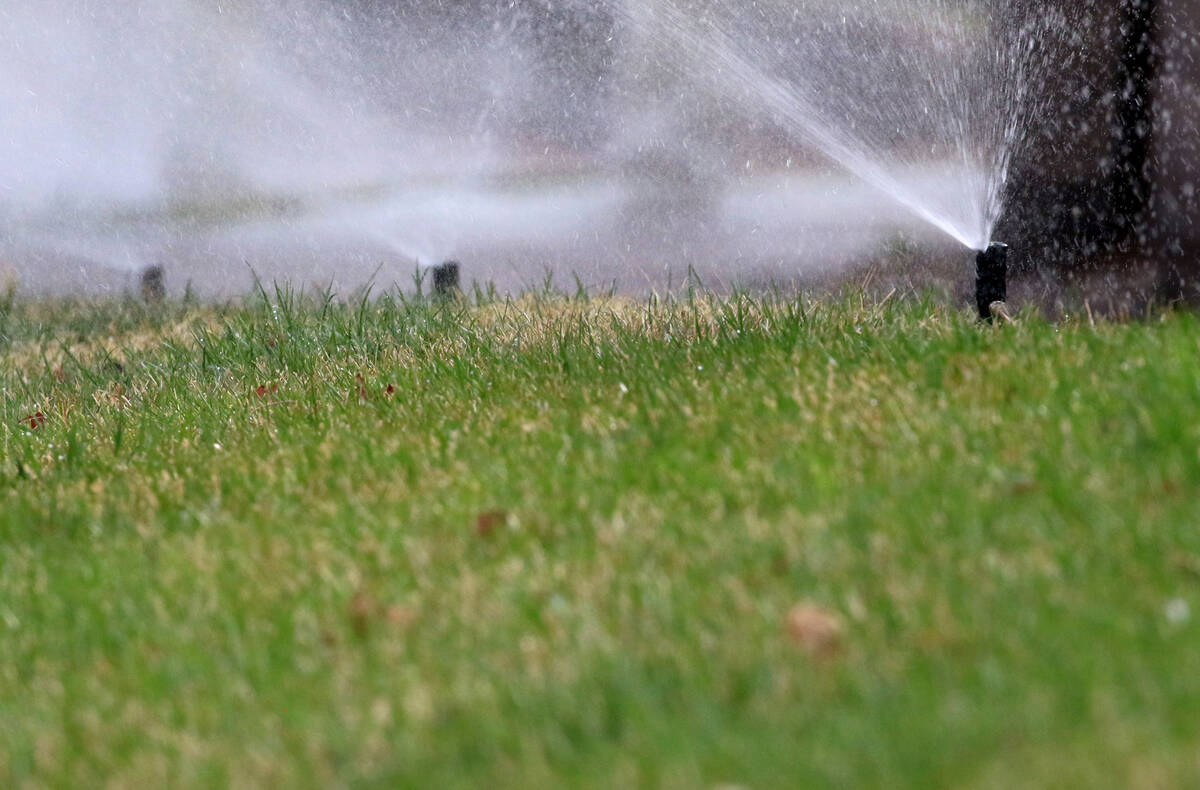 Lawn sprinklers water grass at Green Valley Parkway on Tuesday, March 5, 2019, in Henderson. (B ...