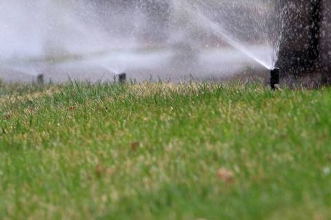Lawn sprinklers water grass at Green Valley Parkway on Tuesday, March 5, 2019, in Henderson. (B ...