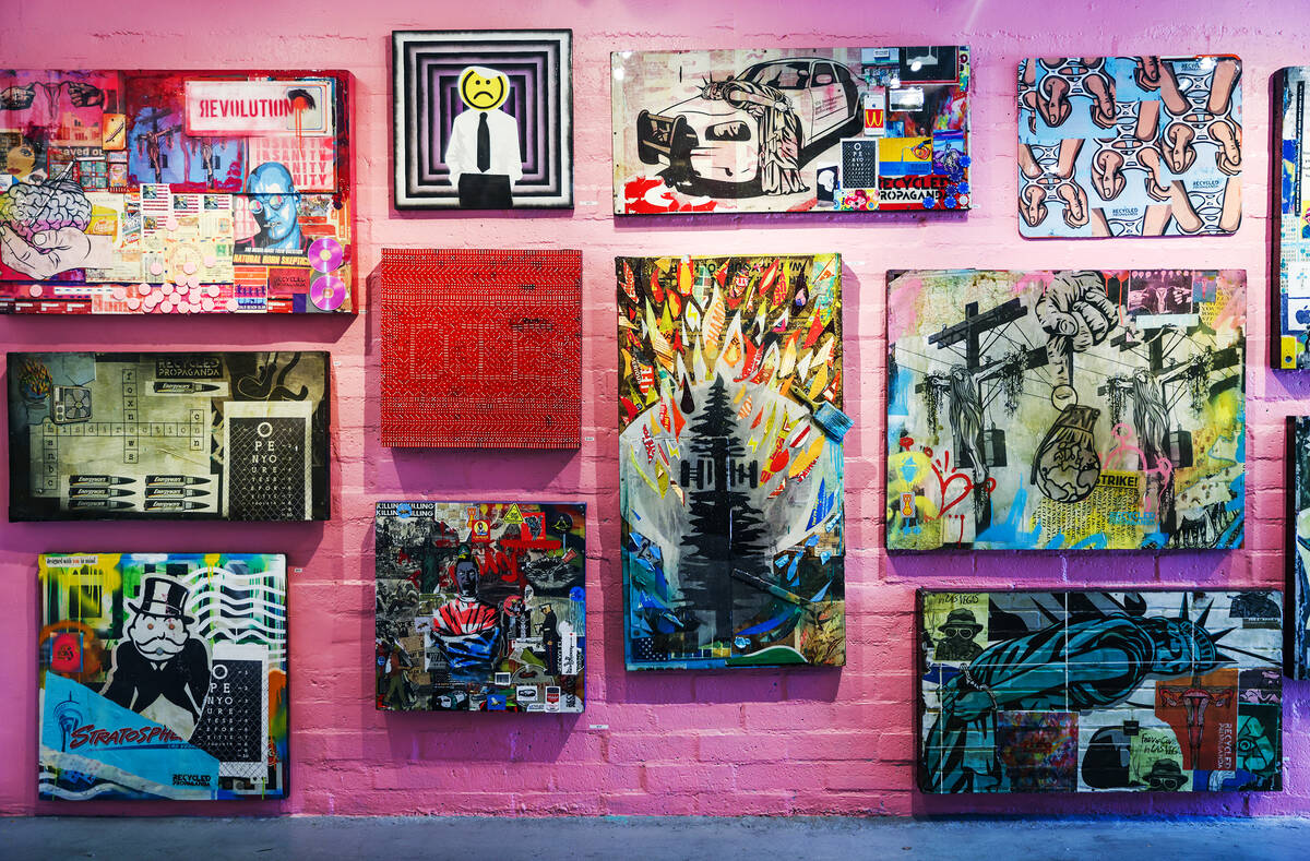 Work by Izaac Zevalking at his store Recycled Propaganda in the Arts District in Las Vegas, Mon ...