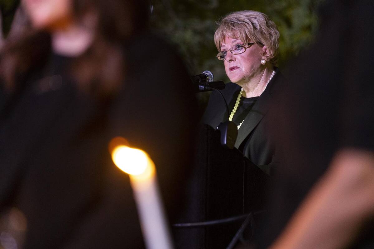 Mayor Carolyn Goodman reads the names of the 60 shooting victims from the Route 91 Harvest fest ...