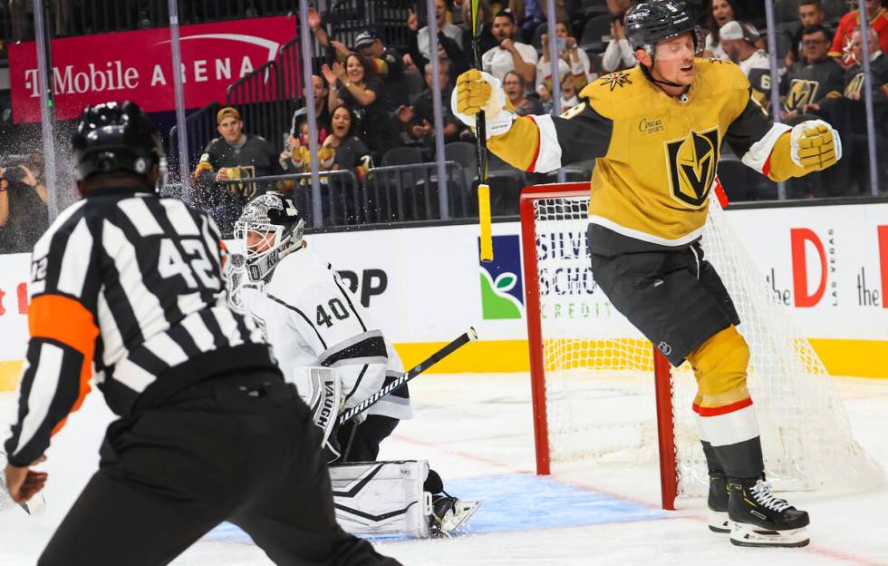 Golden Knights center Jack Eichel (9) reacts after scoring against Los Angeles Kings goaltender ...