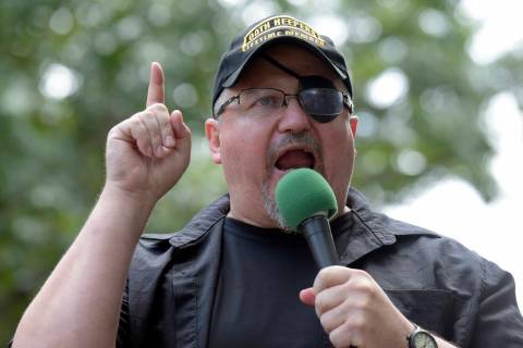 FILE - Stewart Rhodes, founder of the Oath Keepers, speaks during a rally outside the White Hou ...