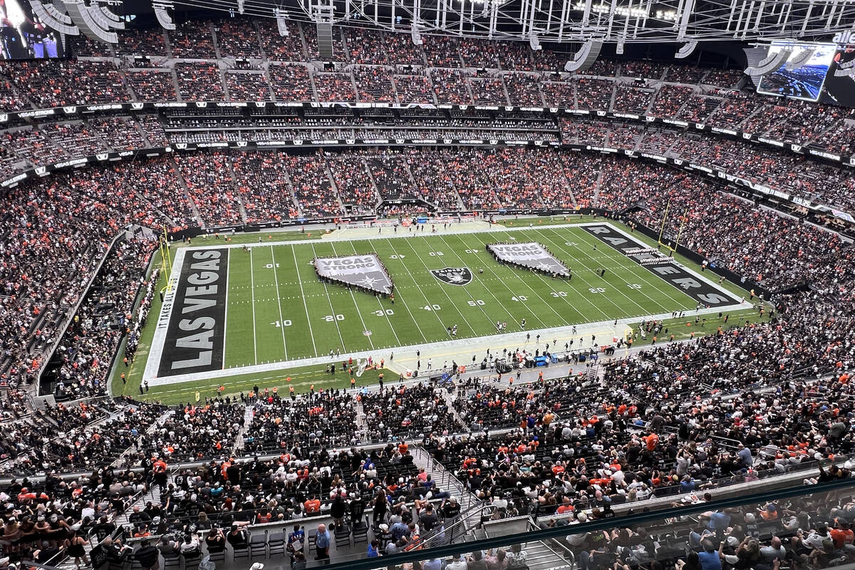 The Vegas Strong banners are displayed prior to an NFL football game between the Denver Broncos ...