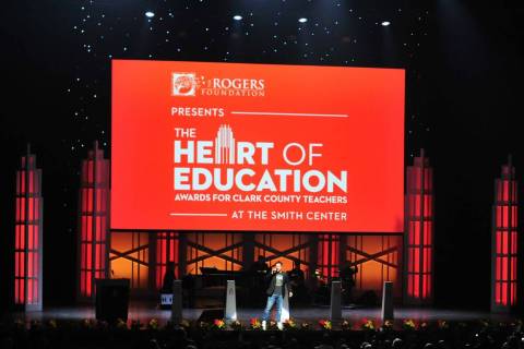 Mark Shunock pumps up the audience during the Heart of Education Awards for Clark County Teache ...