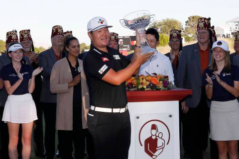 Sungjae Im holds up his trophy after he won the final round of the Shriners Hospitals for Child ...