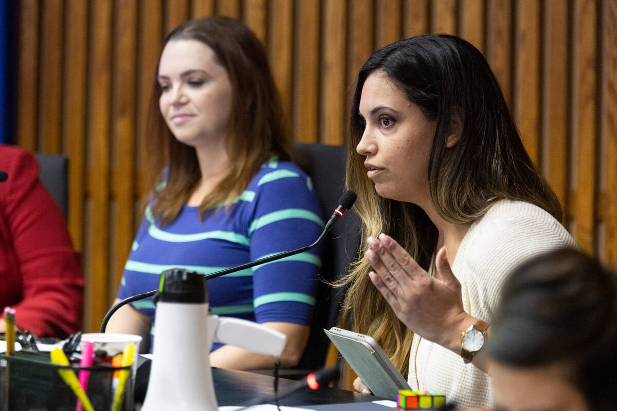 Clark County School Board of Trustees members Katie Williams, left, and Danielle Ford, particip ...