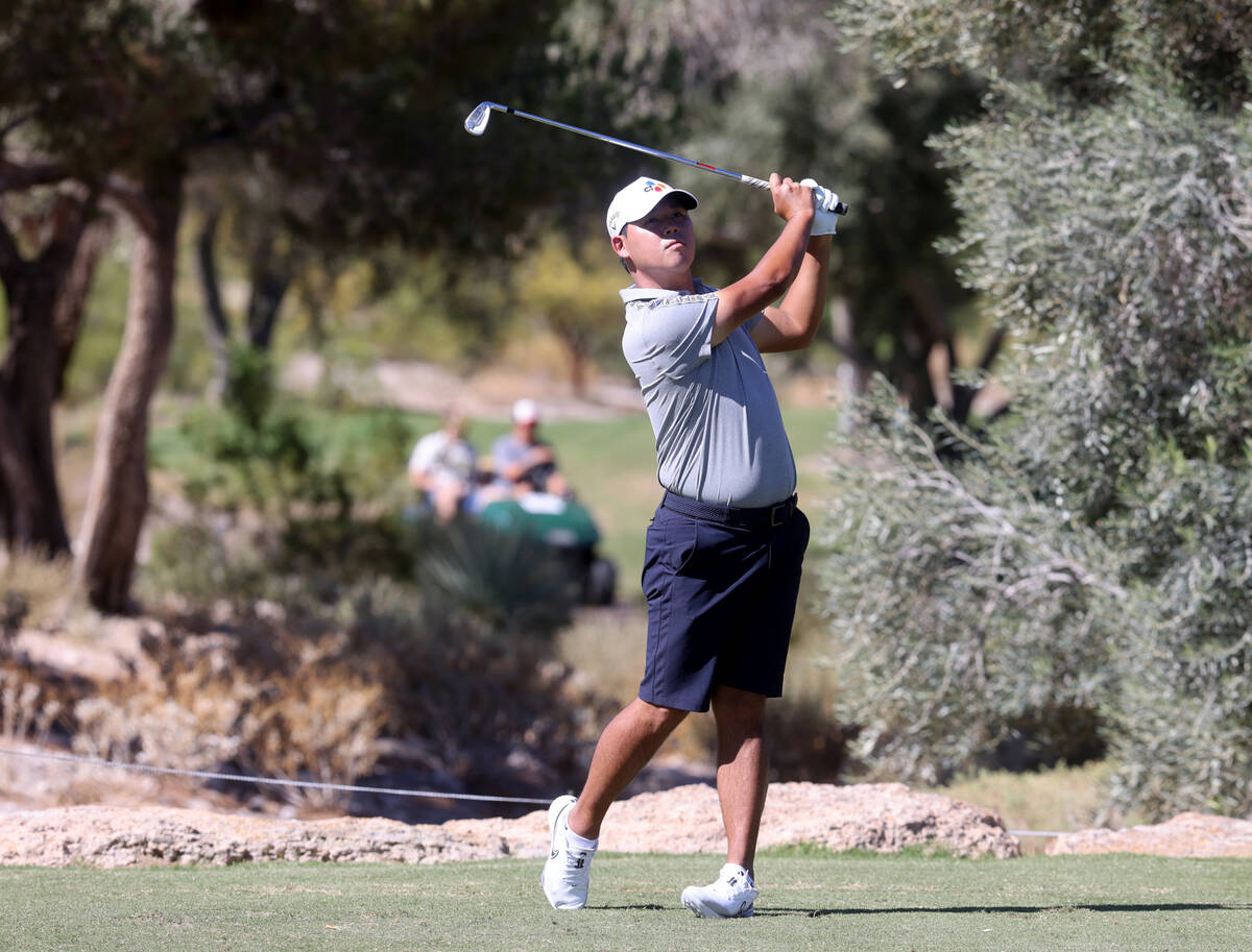 PGA Tour player Si Woo Kim hits on the 14th tee during practice rounds for the Shriners Childre ...