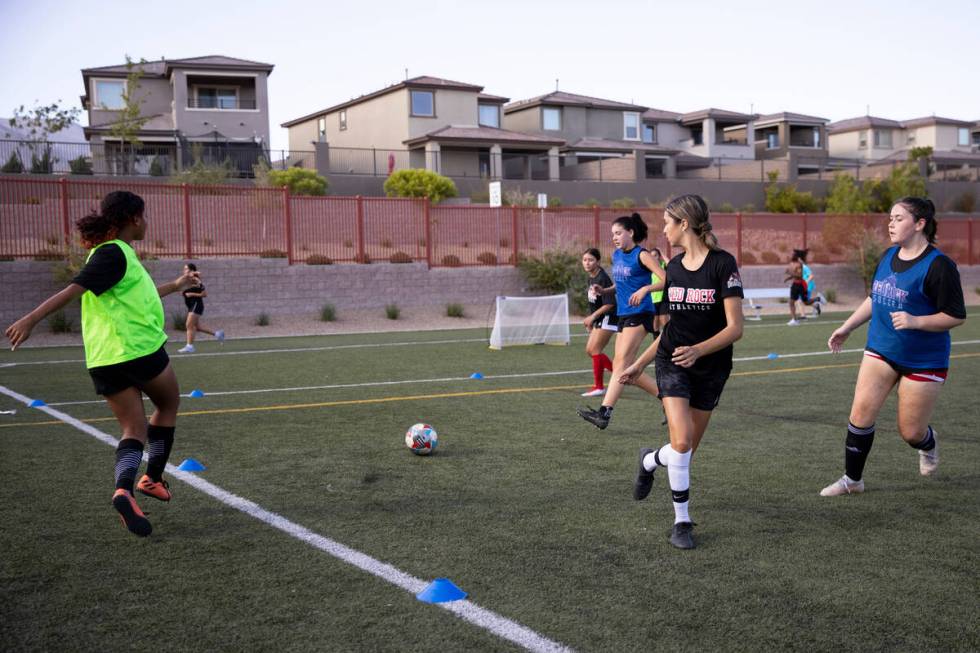 The Doral Academy Red Rock girls soccer team practices at their school in Las Vegas, Tuesday, O ...