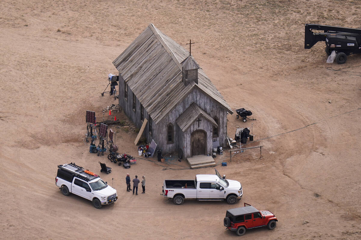 FILE - This aerial photo shows part of the Bonanza Creek Ranch film set in Santa Fe, N.M., on S ...
