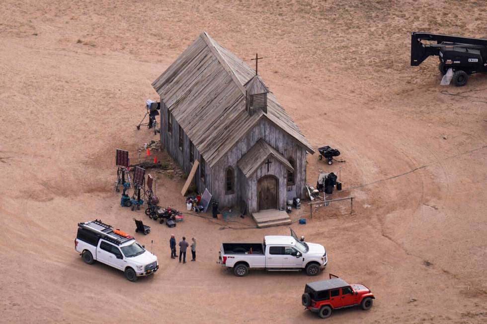FILE - This aerial photo shows part of the Bonanza Creek Ranch film set in Santa Fe, N.M., on S ...