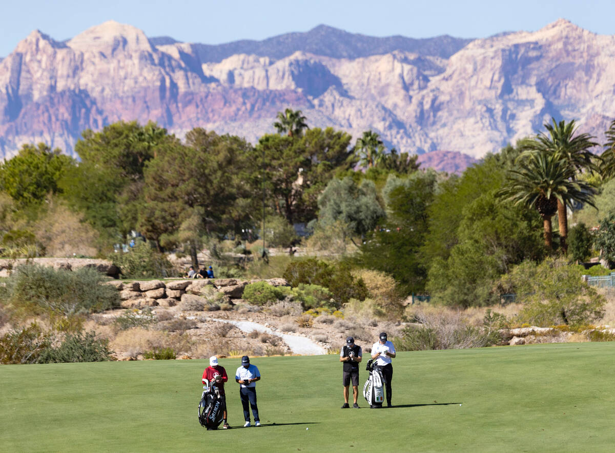 Players and caddies check their notes during the first round of the Shriners Children's Open to ...