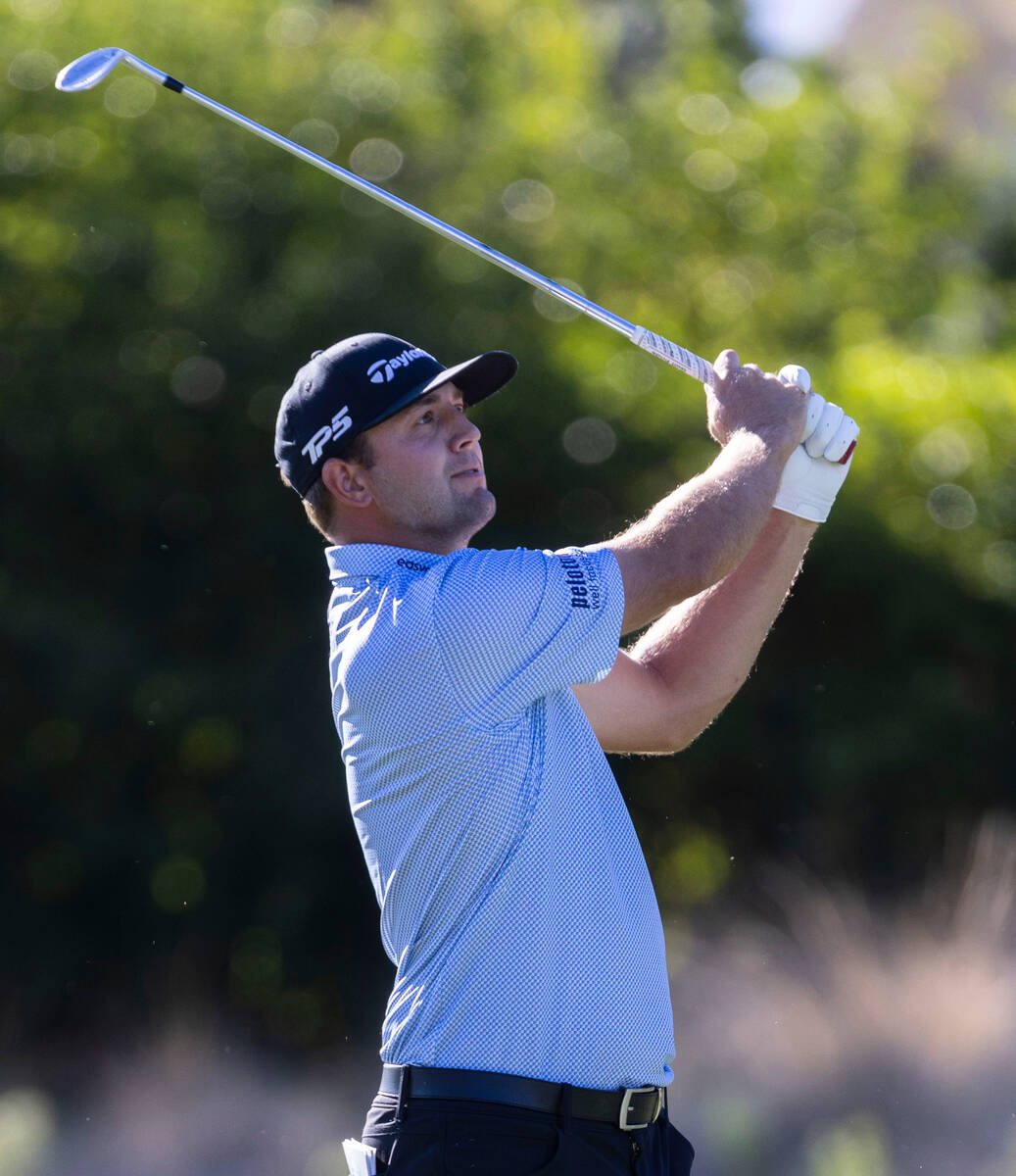 Taylor Montgomery watches his drive to the tenth green during the first round of the Shriners C ...