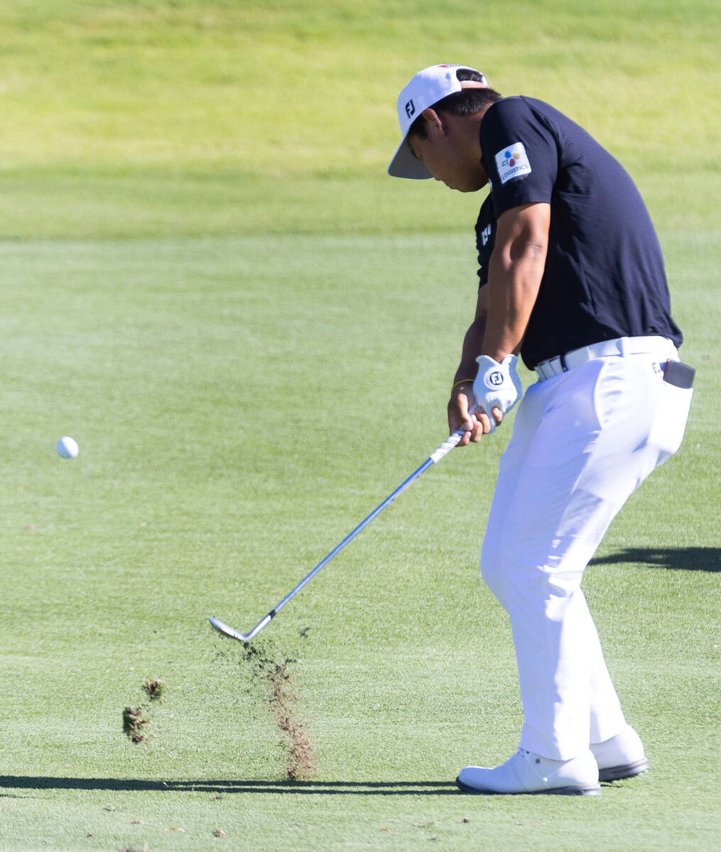 Tom Kim drives to the ninth green during the second round of the Shriners Children's Open tourn ...