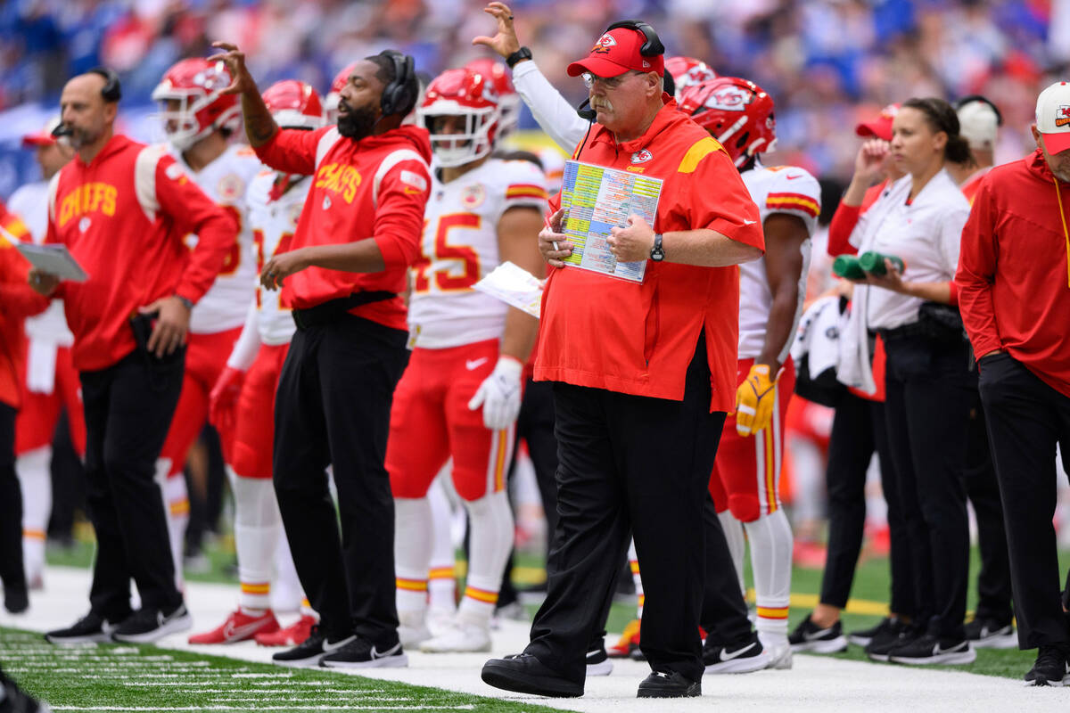 Kansas City Chiefs head coach Andy Reid on the sidelines during an NFL football game against th ...