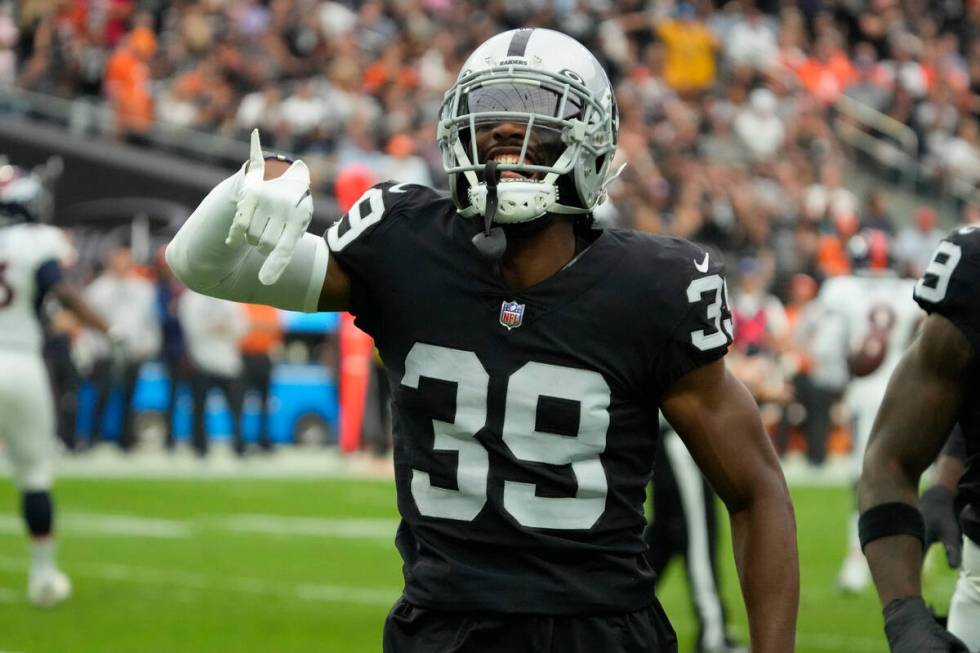 FILE - Las Vegas Raiders cornerback Nate Hobbs (39) during the first half of an NFL football ga ...