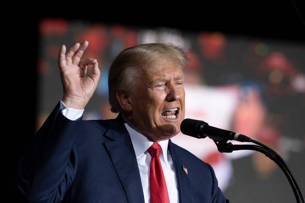 Former President Donald Trump speaks at the Minden Tahoe Airport in Minden, Nev., Saturday, Oct ...