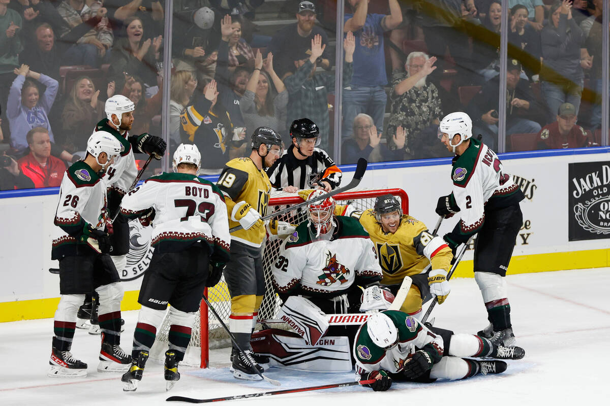 Vegas Golden Knights center Jonathan Marchessault (81) smiles after scoring a goal past Arizona ...