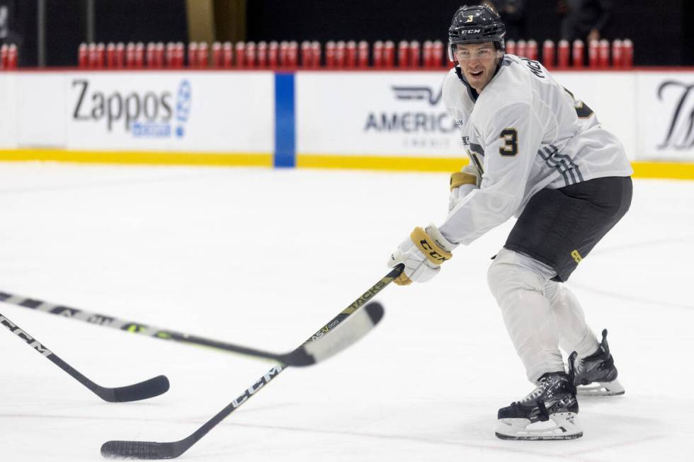 Golden Knights defenseman Brayden McNabb (3) anticipates the puck during training camp practice ...