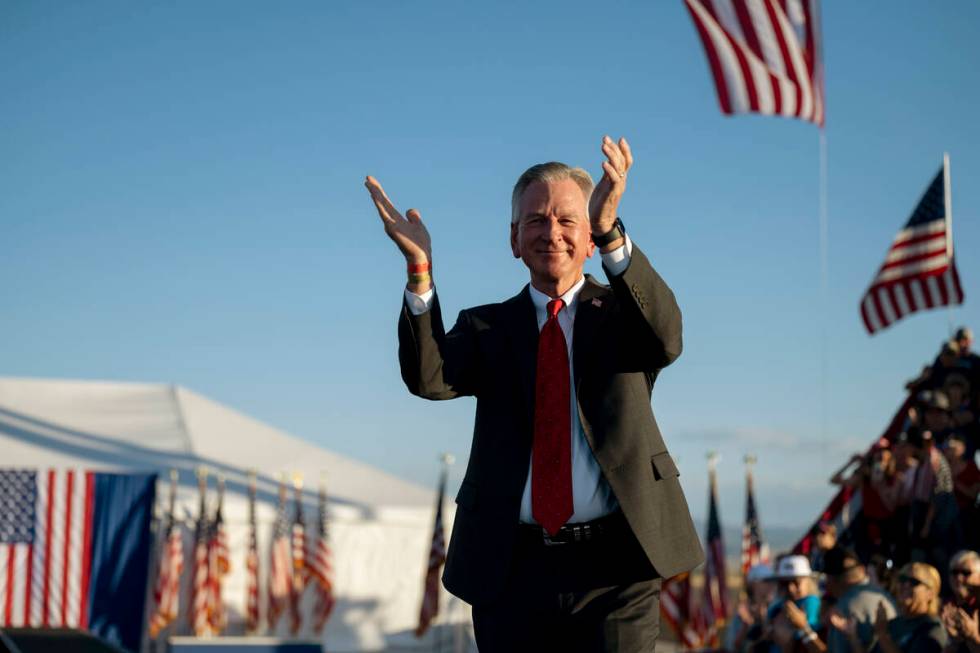 U.S. Sen. Tommy Tuberville, R-Ala., is introduced at a rally for former President Donald Trump ...