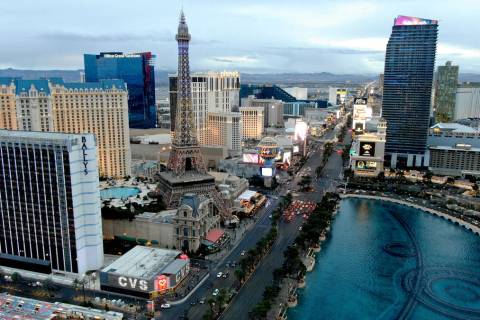 Aerial view of the Las Vegas Strip on Friday, March 12, 2021. (Las Vegas Review-Journal)